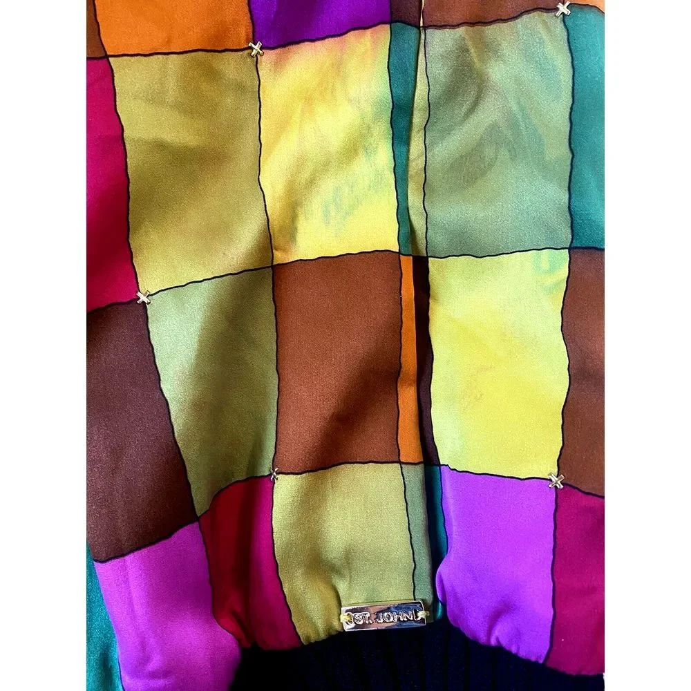 ST. JOHN‎ SPORT MARIE GRAY Bomber Jacket Zip SILK SZ S Color Block 80s Wool Boho - Picture 10 of 10